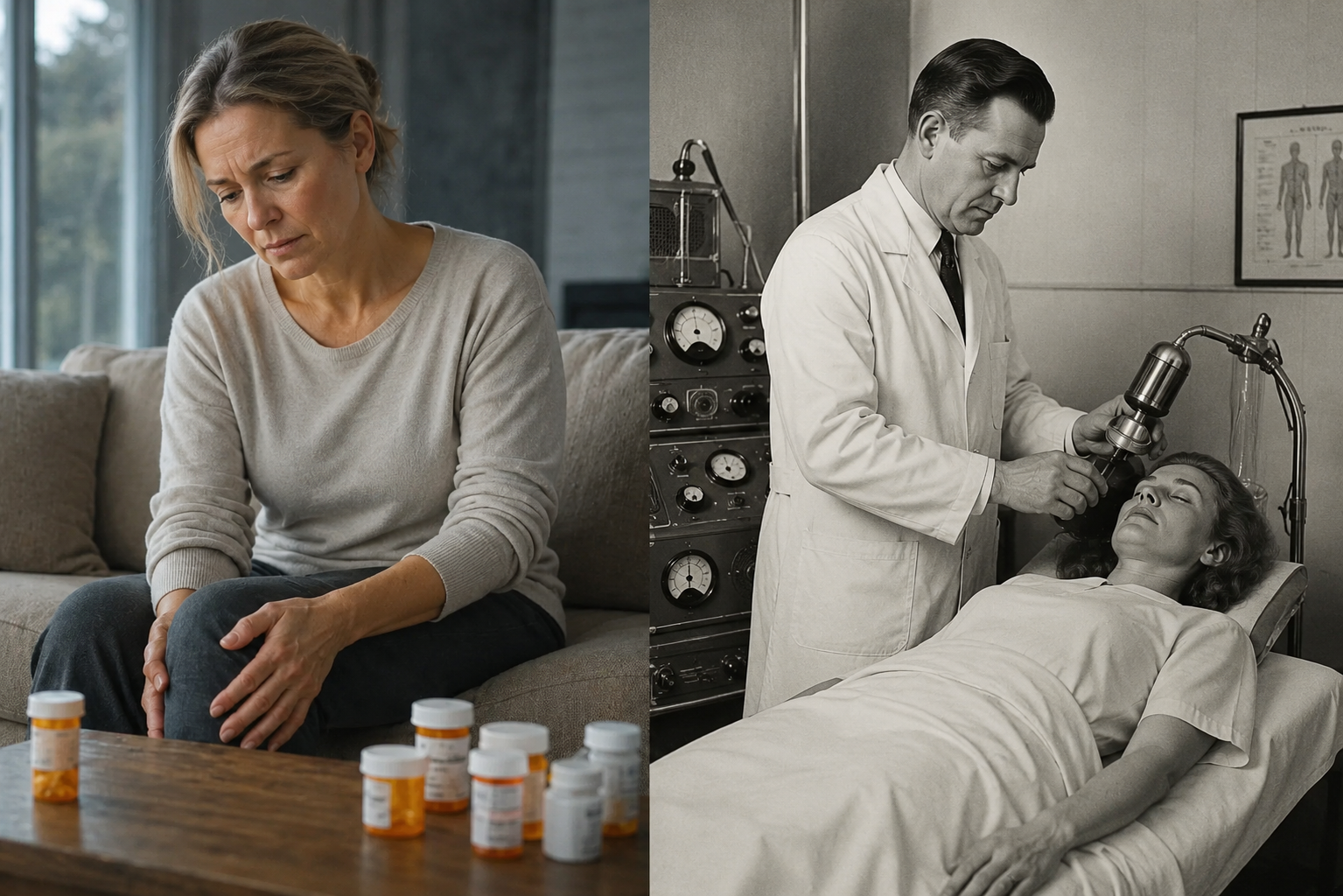 A side-by-side comparison: a woman in pain surrounded by pill bottles, and the same woman calmly using a tuning fork