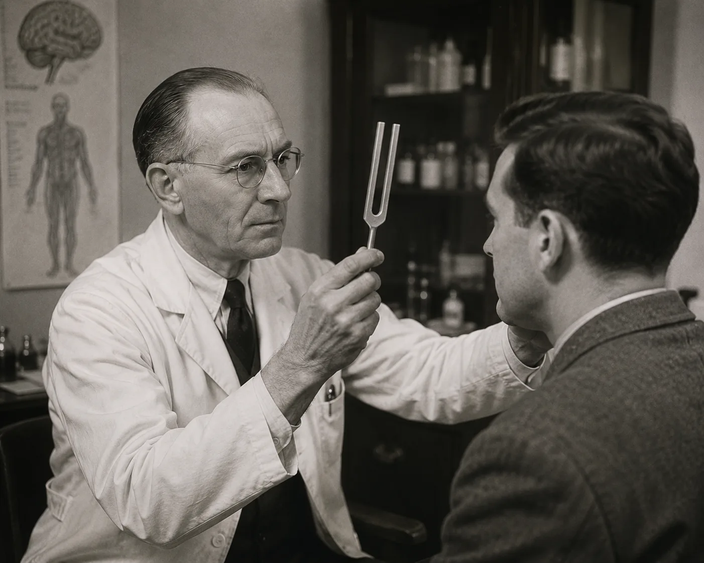 A doctor using a tuning fork for frequency therapy