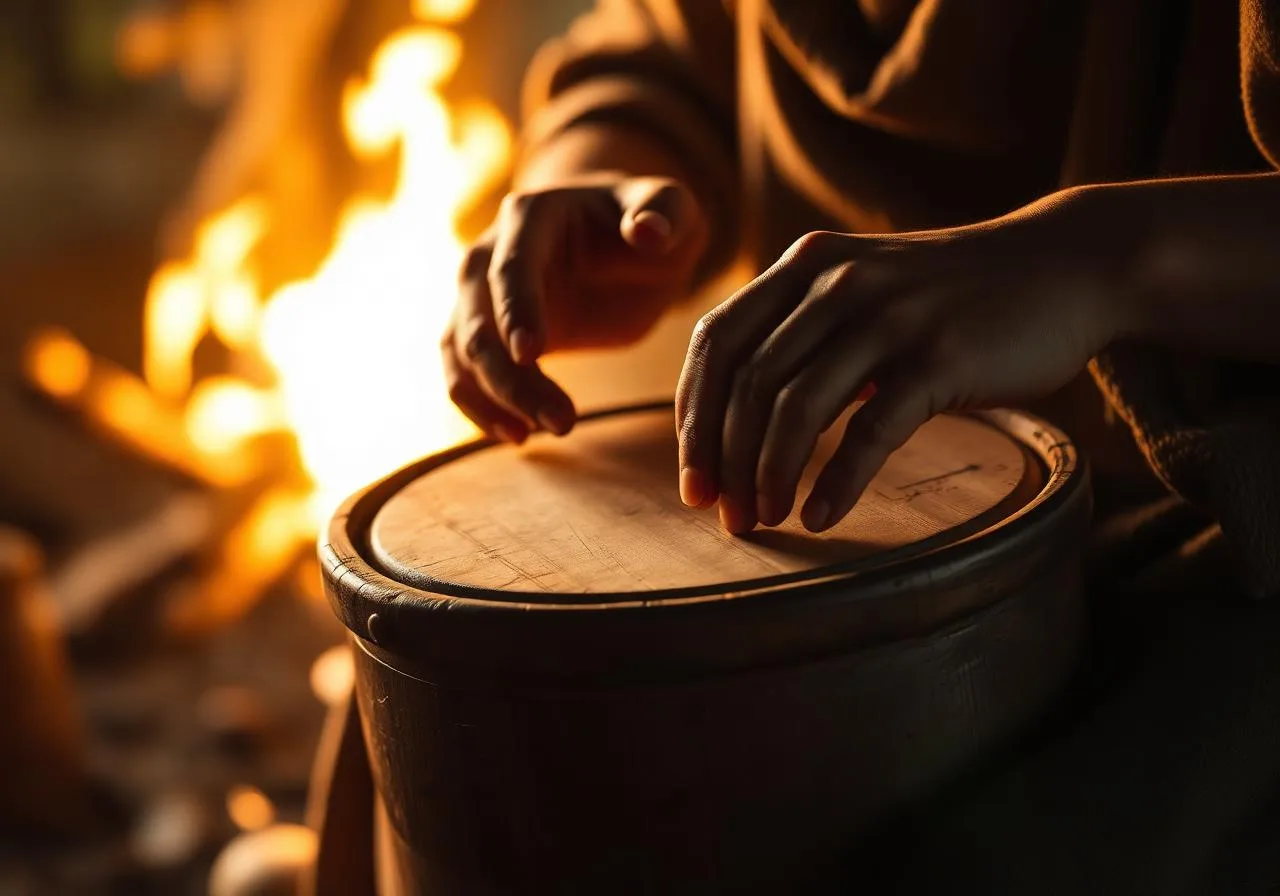 Hands playing an ancient frame drum by firelight