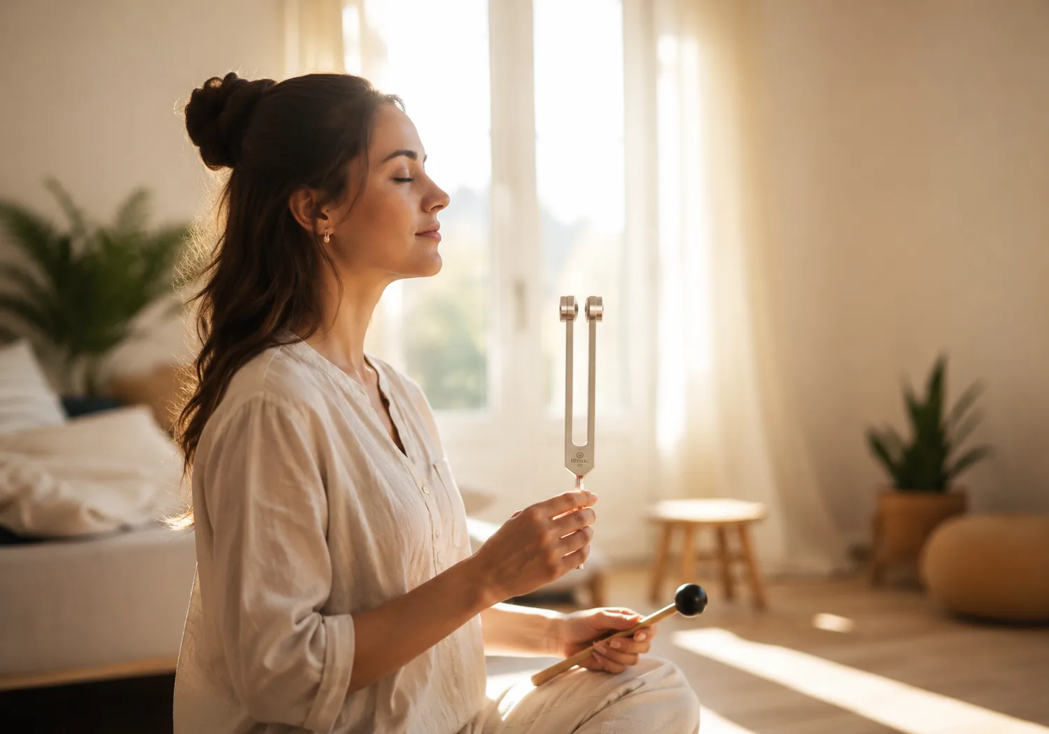 A woman in soft morning light beginning her wellness ritual
